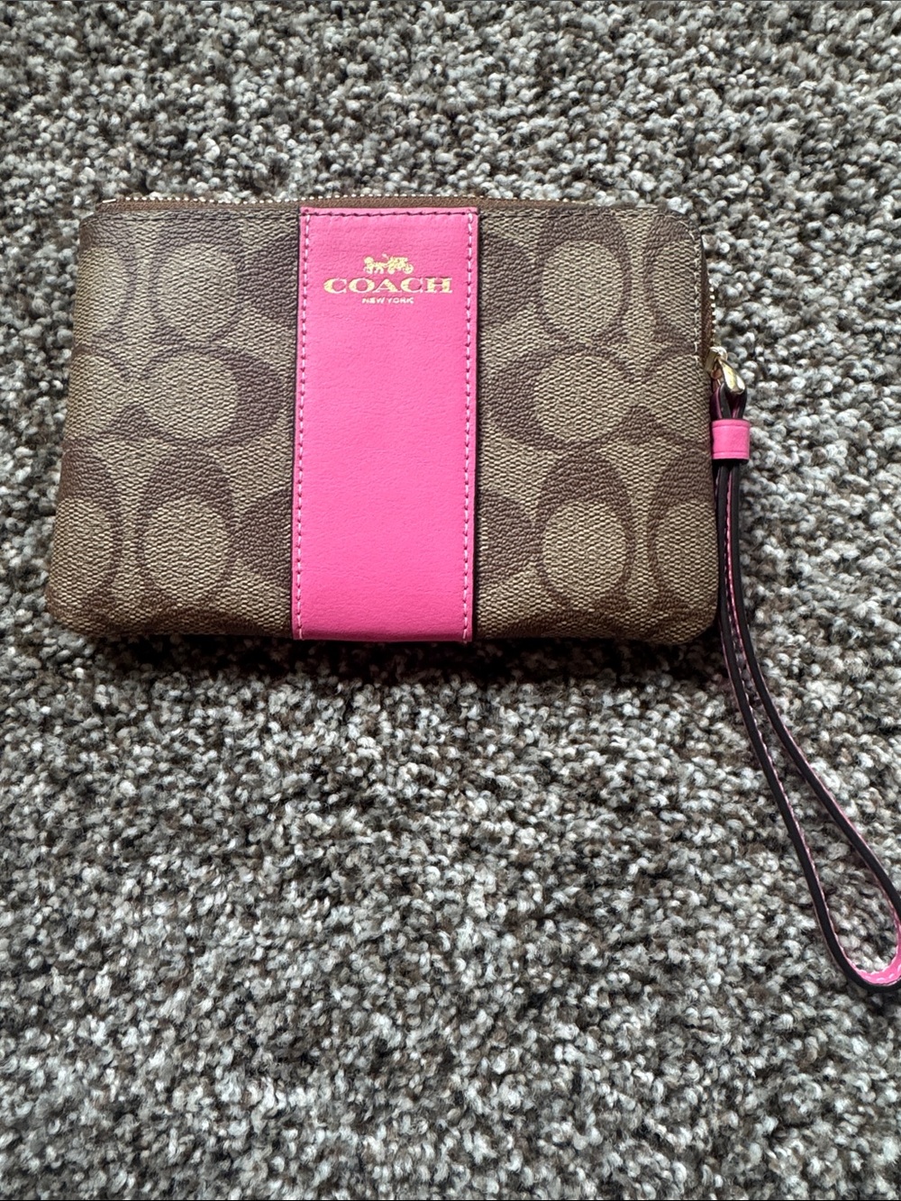 Coach Brown Signature Wristlet with Pink Center Panel